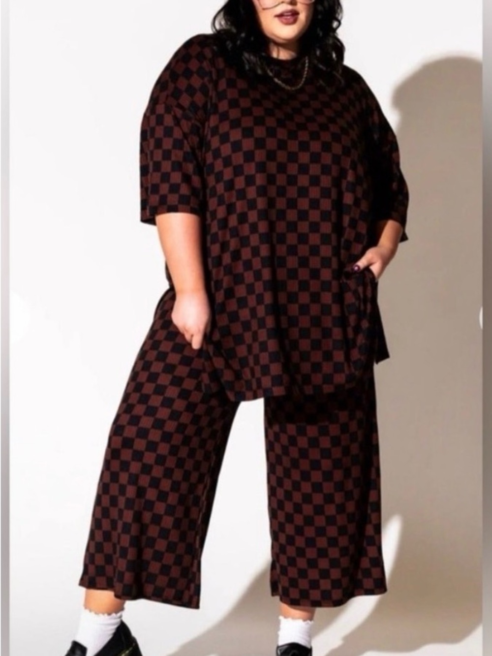 Dressed in LaLa 3x Plus Size Brown Check Wide-Leg Pants Set